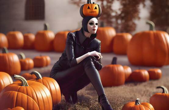 Artistic image of a beautiful brunette witch with a pumpkin on head, autumn season portrait. Funny halloween seasonal scene. Illustration 3d