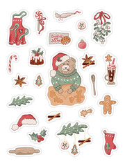 Christmas bakery stickers set with bear in Santa hat, cookies, spices, mistletoe. Vector illustration.