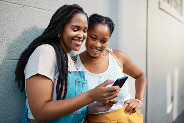 Black woman friends with smartphone for social media online check, notification post or reading...