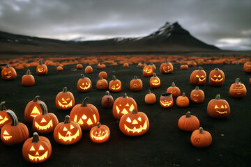 Artistic painting of Halloween pumpkin party in Iceland, Iceland island style - a carved glowing group of pumpkins jack-o'-lantern sitting on an empty idle Iceland surface. 3D illustration - obrazy, fototapety, plakaty