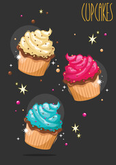 Cupcakes. Sweet cupcakes set with decoration. Vector illustration