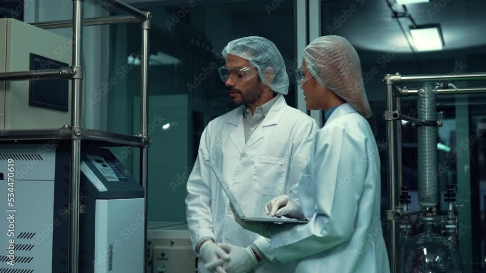 Poster two scientist in professional uniform working in curative laboratory for chemical and biomedical exp
