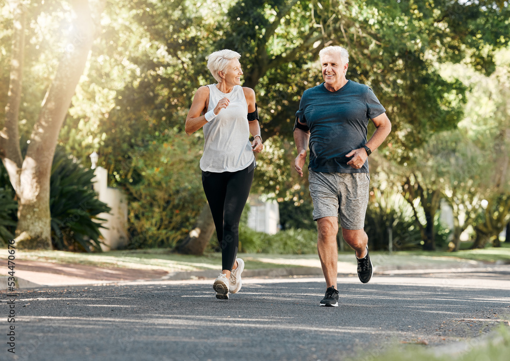 Canvas Prints Road running, fitness and senior couple training together on a exercise and workout run. Sports and health motivation of elderly man and woman runner in retirement living a healthy lifestyle