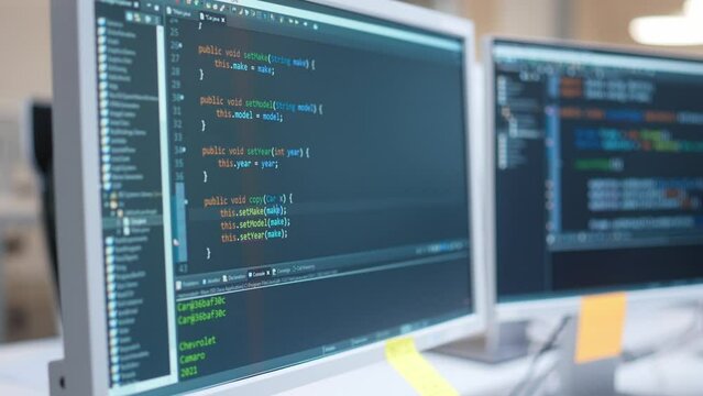 Close up of hand holding pen pointing at computer screen with html code program. Internet technology. Specialist typing coding creating a website. Finger points at monitor with programming language