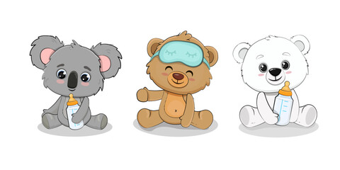 Teddy bear, polar bear and koala cub with milk bottle. Set of cartoon baby animals. Vector illustration
