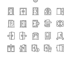 Different doors. Doorway concept. Open and close door. Building and room entrance. Pixel Perfect Vector Thin Line Icons. Simple Minimal Pictogram
