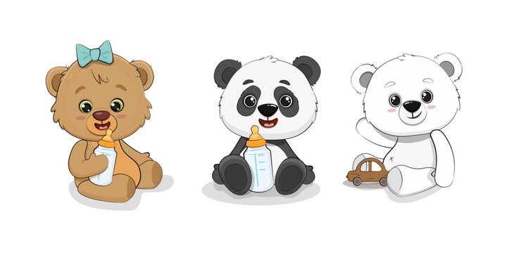 Set of cute bears.Teddy bear, polar bear and panda cub with milk bottle and toy. Set of cartoon baby animals. Vector illustration