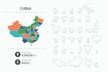 Naklejka premium Map of China with detailed country map. Map elements of cities, total areas and capital.