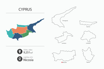 Map of Cyprus with detailed country map. Map elements of cities, total areas and capital.