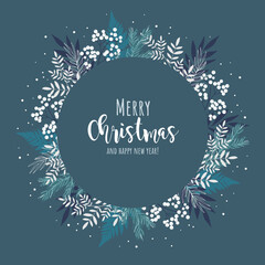 Wreath of winter herbs and white berries. Merry Christmas. Winter Christmas background or greeting card.
