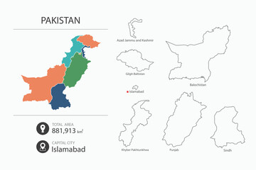Map of Pakistan with detailed country map. Map elements of cities, total areas and capital.
