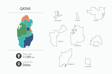 Map of Qatar with detailed country map. Map elements of cities, total areas and capital.
