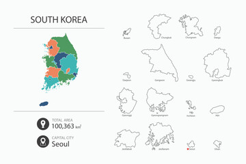 Map of South Korea with detailed country map. Map elements of cities, total areas and capital.