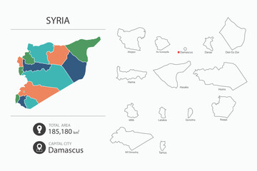 Map of Syria with detailed country map. Map elements of cities, total areas and capital.