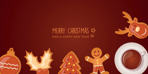 sweet tasty gingerbread deer and coffee on christmas morning