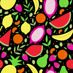 Vector seamless pattern with tropical, exotic fruits. Doodle style. Vector hand-drawn repeat background. Trendy hand drawn textures. Design for paper, cover, fabric, kitchen decor, bed linen