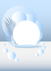 3D abstract studio room with pedestal podium. White and pastel blue geometric platform with circle overlap backdrop. Modern minimal scene for demonstration of cosmetic products. Showcase, Display case