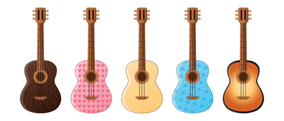 Naklejka premium Acoustic guitars on a white background. Musical instrument. A set of guitars. 3 classical guitars, a pink guitar and a blue guitar. Vector illustration.