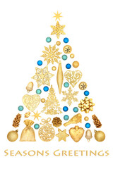 Christmas tree shape design concept decoration with gold and blue bauble decorations and ornaments...