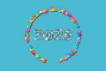 Fototapeta na wymiar 3D illustration New Year concept 2023 design with text glow rainbow design on a blue atoll color background.
