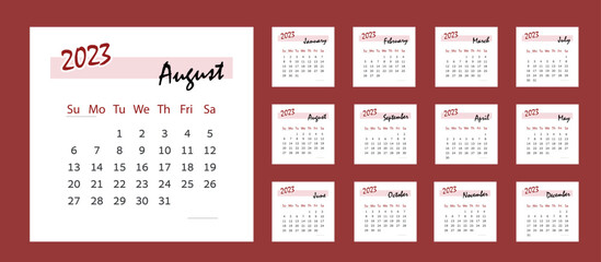 Calendar 2023. Set month Square calendar for business red color.