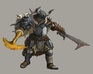 Fantasy creature - orc warrior attack. Fantasy illustration. Goblin with ax drawing.