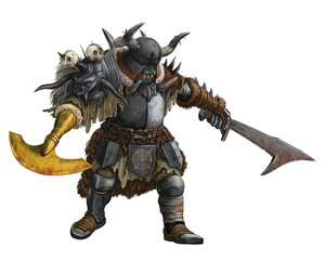 Fantasy creature - orc warrior attack. Fantasy illustration. Goblin with ax drawing.