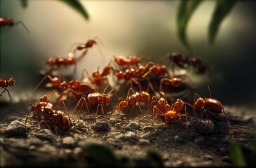 Close-up of red ants working hard foraging food into their anthill. wildlife 3D illustration