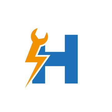 Initial Letter H Repair Wrench And Volt Power Logo Design For Repair, Electrical Sign Vector Template