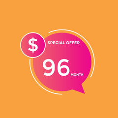 $96 USD Dollar Month sale promotion Banner. Special offer, 96 dollar month price tag, shop now button. Business or shopping promotion marketing concept
