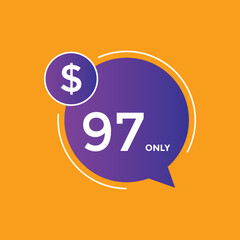 97 dollar price tag. Price $97 USD dollar only Sticker sale promotion Design. shop now button for Business or shopping promotion
