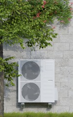 two-fan air conditioner on the background of a stone wall with trees 3d 