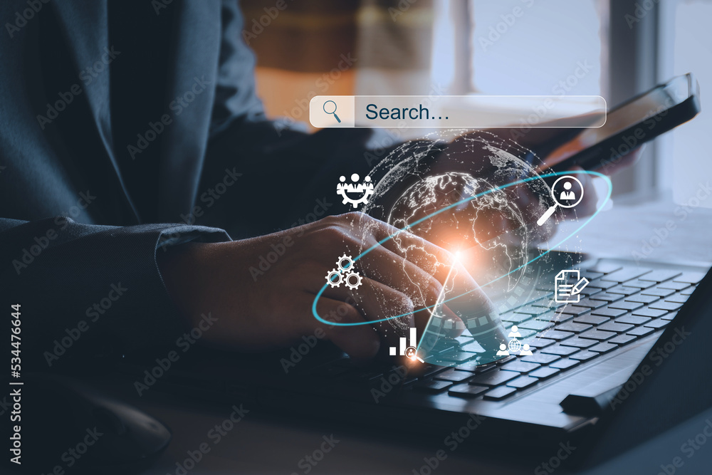 Poster data search technology search engine optimization. business people are searching for information in 