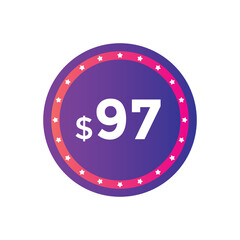 97 dollar price tag. Price $97 USD dollar only Sticker sale promotion Design. shop now button for Business or shopping promotion
