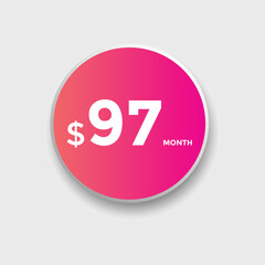 $97 USD Dollar Month sale promotion Banner. Special offer, 97 dollar month price tag, shop now button. Business or shopping promotion marketing concept
