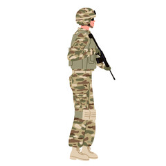 Soldier, military man, wearing sunglasses holding a rifle isolated. Sideway position. Flat vector illustration.