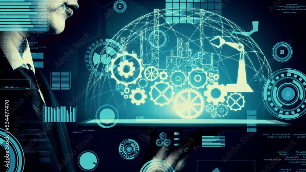 Poster futuristic industry 4.0 and inventive mechanized engineering concept with graphic user interface sho