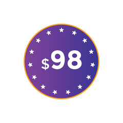 98 dollar price tag. Price $98 USD dollar only Sticker sale promotion Design. shop now button for Business or shopping promotion

