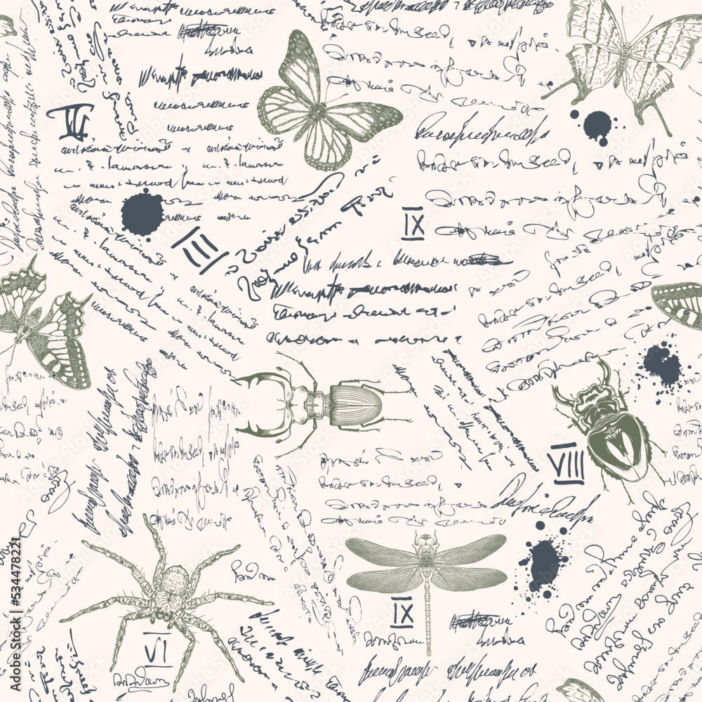 Poster vector image of a seamless textured background in the style of notes from an entomologist diary with