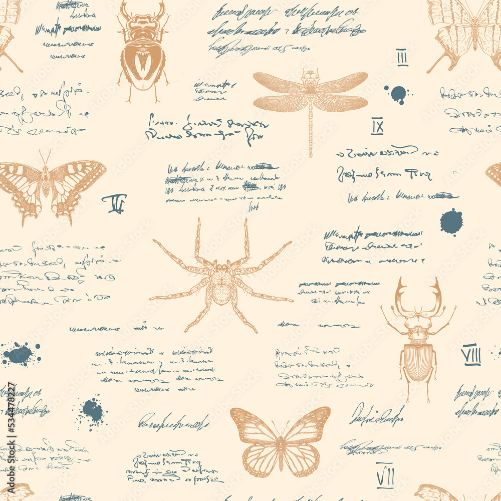 Poster vector image of a seamless textured background in the style of notes from an entomologist diary with