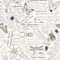 vector image of a seamless textured background in the style of notes from an entomologist diary with sketches, formulas and notes and sketches of insects