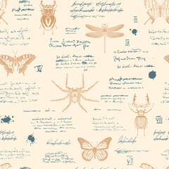 vector image of a seamless textured background in the style of notes from an entomologist diary with sketches, formulas and notes and sketches of insects - obrazy, fototapety, plakaty