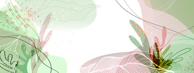 Light green and pink background in soothing colors with tropical leaves, lines and abstract shapes. Vector illustration for text, banners, wallpapers, background, sales, discounts, promotions, etc.