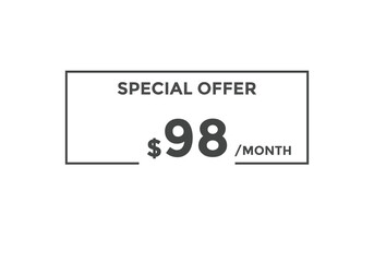 $98 USD Dollar Month sale promotion Banner. Special offer, 98 dollar month price tag, shop now button. Business or shopping promotion marketing concept
