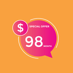 $98 USD Dollar Month sale promotion Banner. Special offer, 98 dollar month price tag, shop now button. Business or shopping promotion marketing concept
