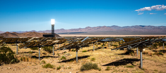 Modern concentrated solar power plant, works with mirrors focused on tower.