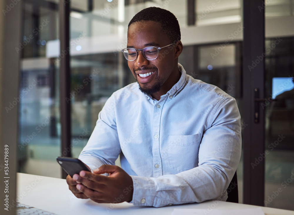 Aufkleber black businessman, phone and networking in night office with digital marketing schedule, social medi