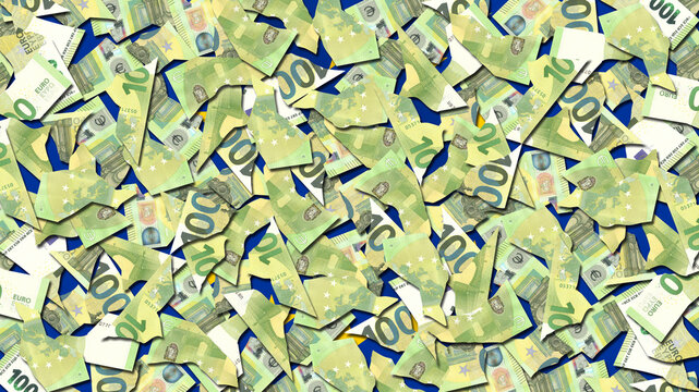 Illustration. 100 euro European Union banknotes torn to pieces with shadows on blue background