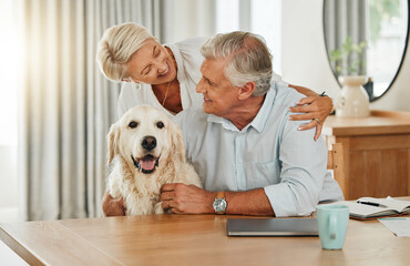 Love, pet and senior couple with dog relax at home bonding, playing and spend quality time together. Retirement life, smile and happy elderly man, woman or family enjoy peace with domestic animal