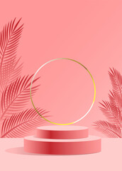 Valentine background vector 3d pink rendering with podium and cloud white scene, cloud 3d minimal background 3d rendering valentine love pink pastel podium. Stage pink on cloud render background